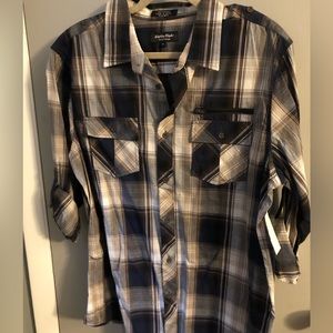 Long sleeve button down, button to cuff up sleeves, brown navy and cream